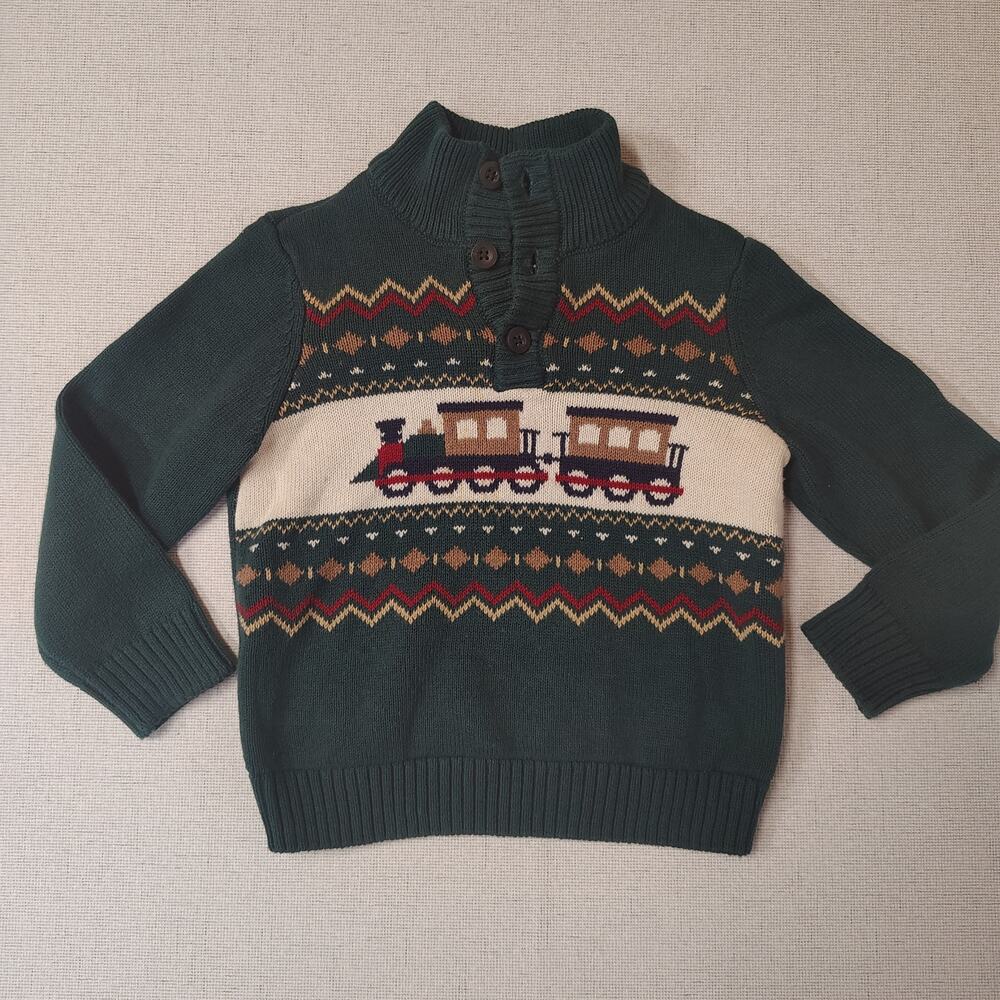 The Children's Place Boys 3T Train Fair Isle Sweater Green Mock Neck Holiday